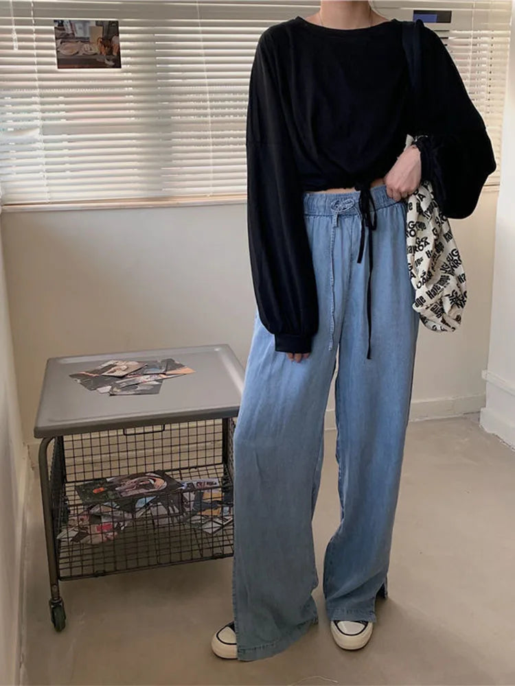 Long Sleeve T-shirts Crop Top Soft Daily Loose Slouchy Drawstring Hem O-neck Basic Femme Tees