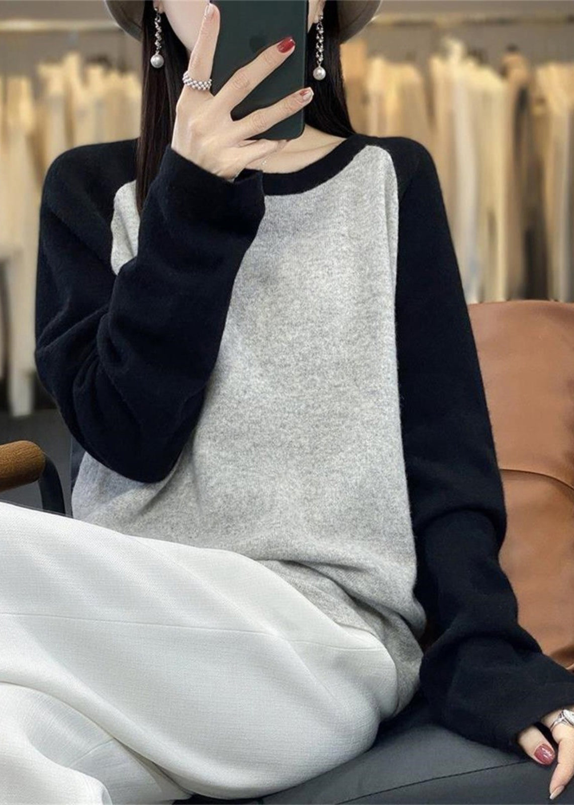 Pink O-neck Patchwork Wool Knit Sweaters Top Fall Qp011