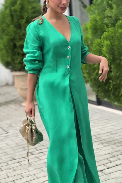 Color V-neck Long Sleeve Waist Pocket Jumpsuit