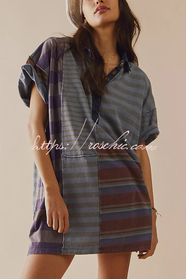 Contrast Striped Patchwork Denim Lapel Loose Mini Dress