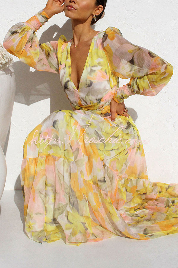 Olena Abstract Balloon Sleeves Maxi Dress (the Back Is Stretchy)