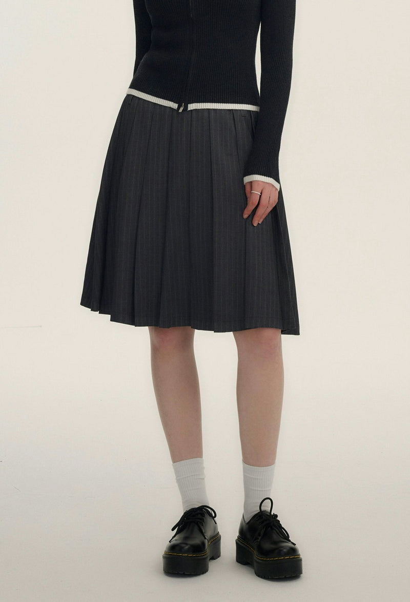 Grey Pinstripe Pleated Skirt