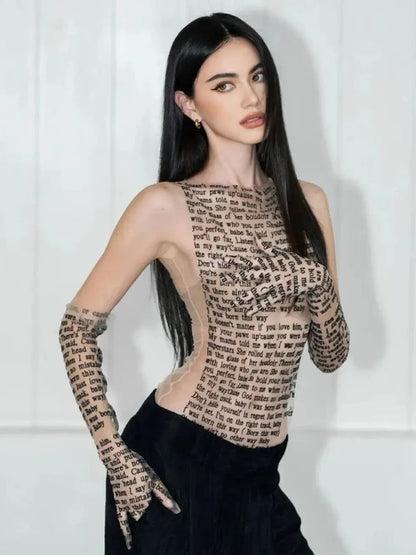 Mesh Letter Printted T-shirt O-neck See Through Tank Tops With Golve High Street Basic Slim Y2k Top Tee Shirts