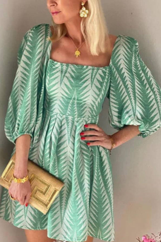Summer Greens Linen Blend Print Balloon Sleeve Back Tie-up Mini Dress