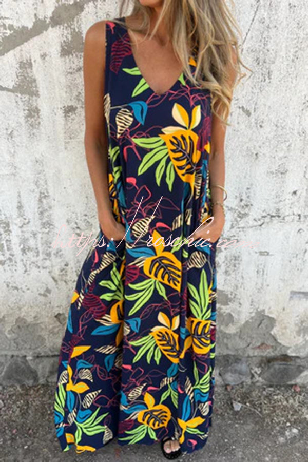 Botanical Print V-neck Pocket Loose Maxi Dress