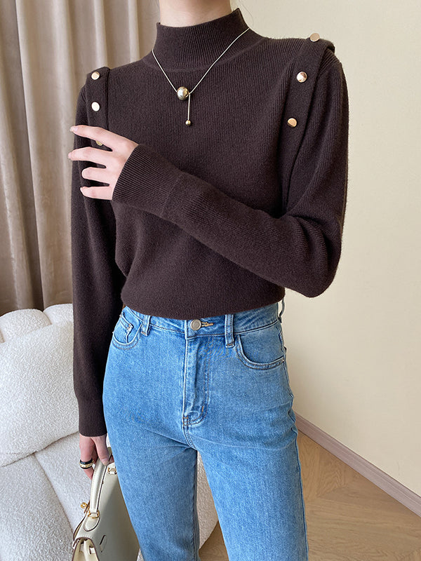 Grey High-neck Buttoned Decor Long Sleeve Knit Sweater An1050