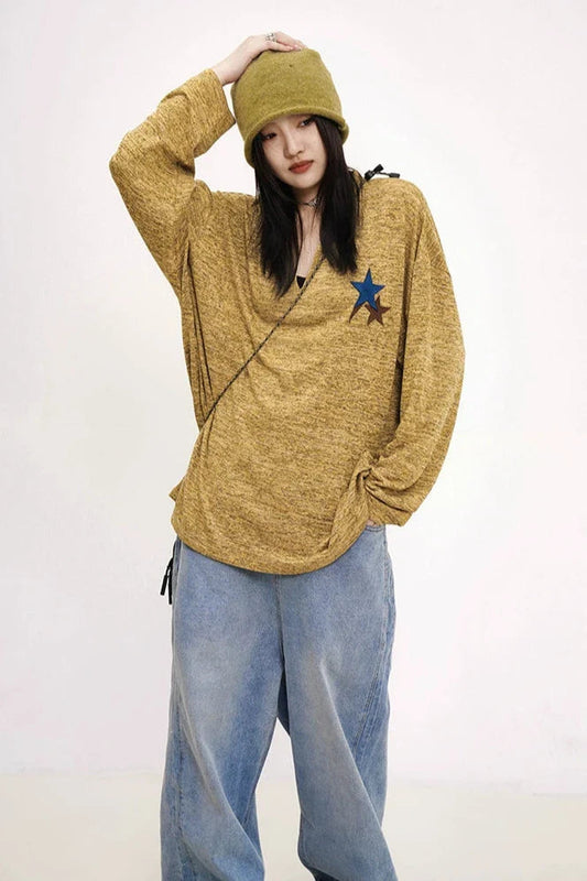 Mustard Yellow Knit Sweater With Star Patch