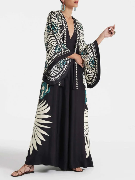 Elegance Print Waterfall Sleeves Maxi Dress