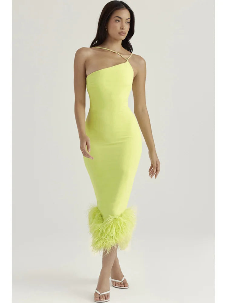 Spaghetti Strap Feather Midi Dress for Robe Backless Bodycon Club Party Dress Vestido