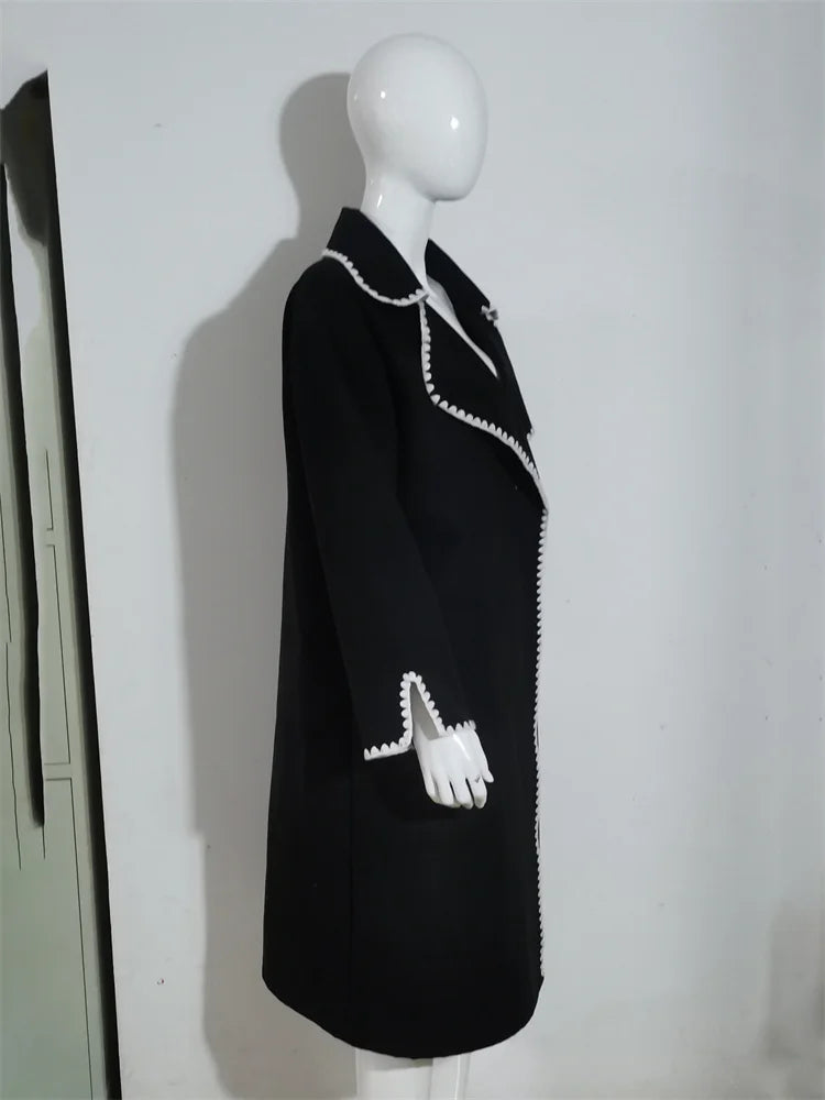 Lapel Contrast Loose Outwear Female Patchwork High Waist Long Sleeve Winter Patchwork Coat