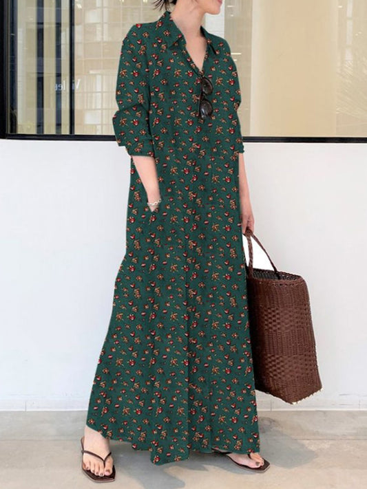 Printed Lapel Long Sleeve Shirt Maxi Dress