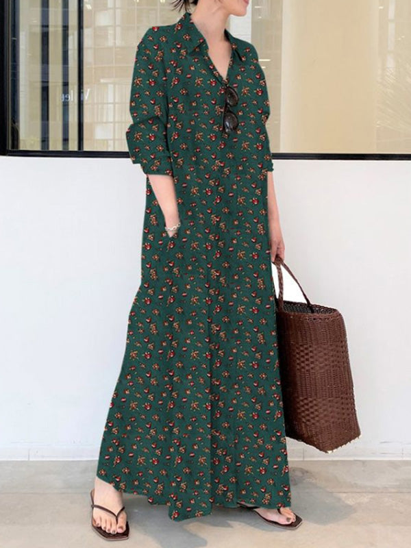 Printed Lapel Long Sleeve Shirt Maxi Dress