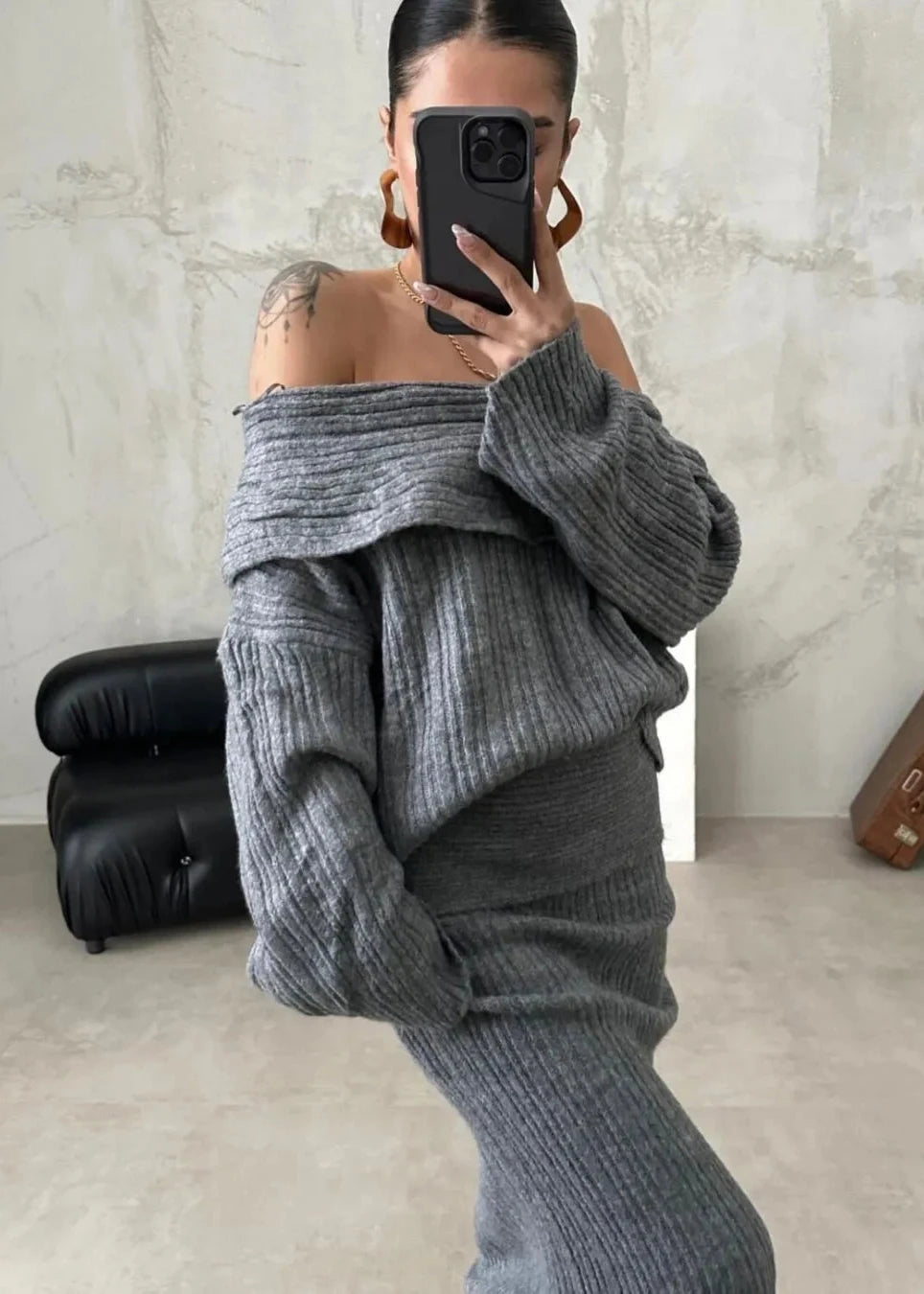 Luxe Comfort - Off-shoulder Knit Two-piece Set