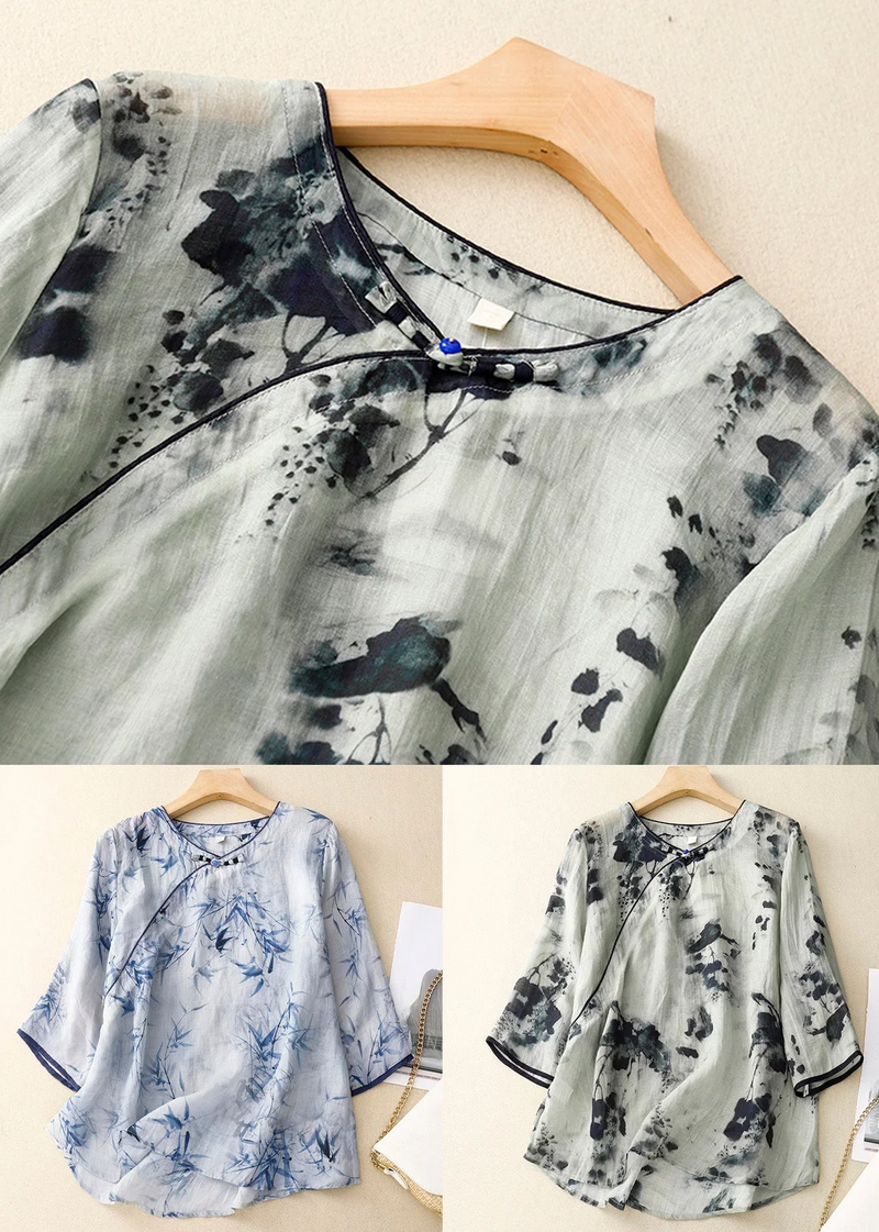 Grey Button Grace Cotton Blouses O Neck Bracelet Sleeve Qr026