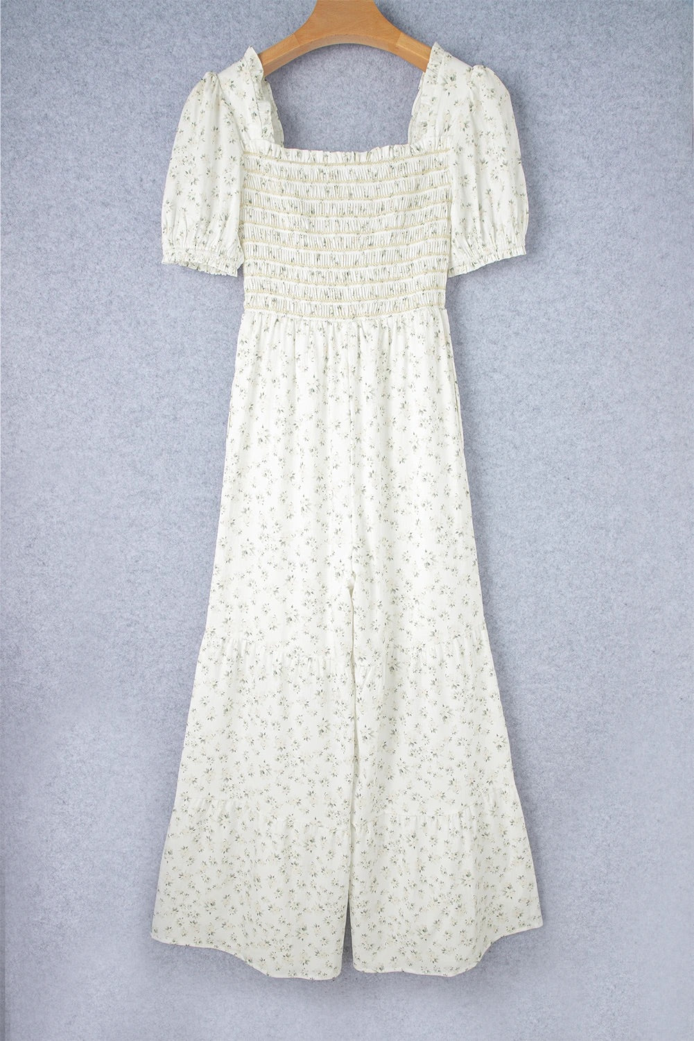 White Ditsy Smocked Puff Sleeve High Waist Jumpsuit