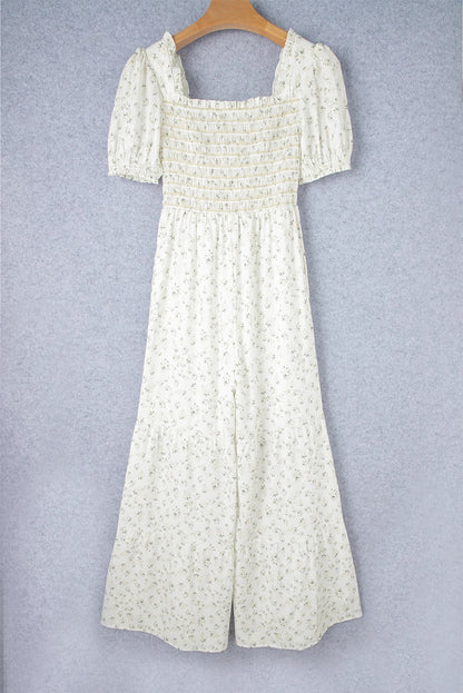 White Ditsy Smocked Puff Sleeve High Waist Jumpsuit