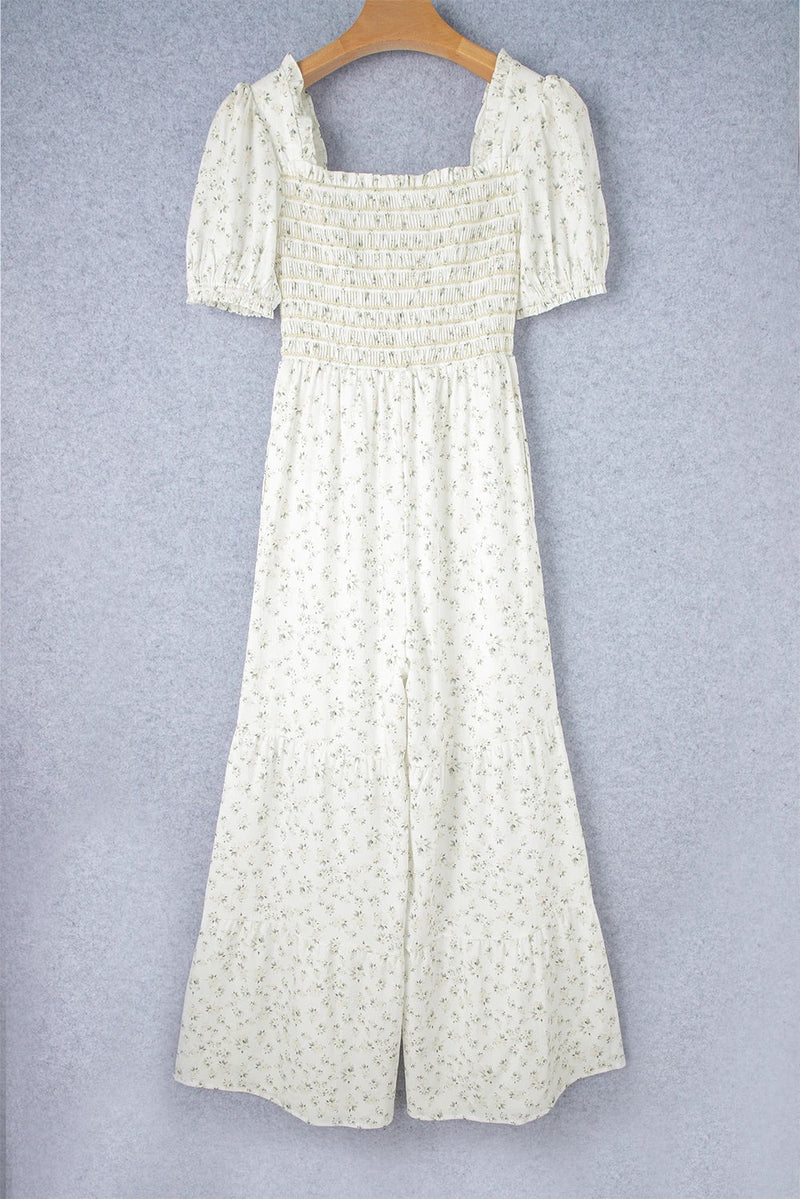 White Ditsy Smocked Puff Sleeve High Waist Jumpsuit