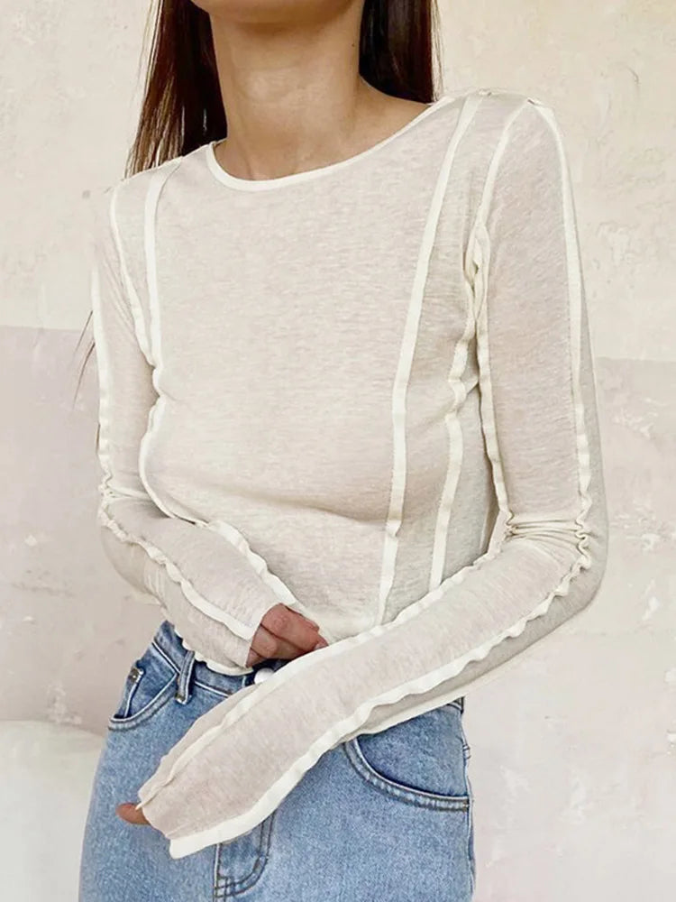 White O-neck ’s T-shirt Yellow Long Sleeve Fall Tee Shirt Slim Elastic Top Female