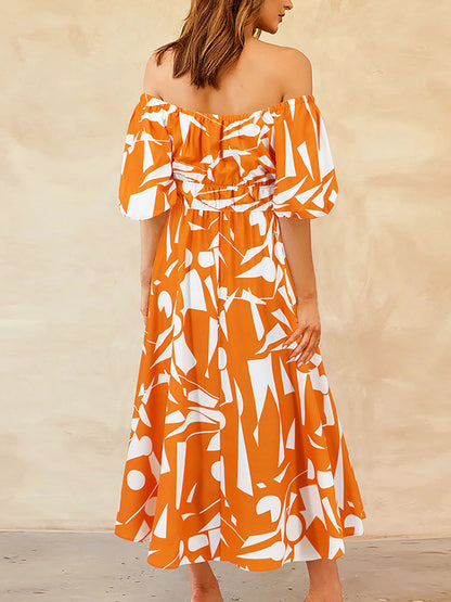 A-line Espadrilles Contrast Color Elasticity Pleated Pockets Printed Off-the-shoulder Midi Dresses