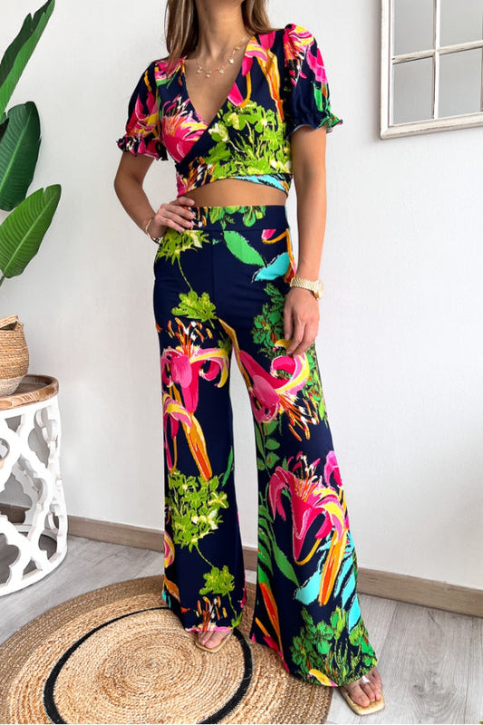 Print V Neck Short Sleeves Crop Top Elastic Waist Wide Leg Pants Set
