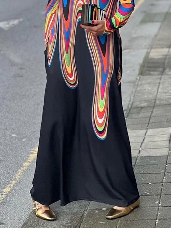 Long Sleeves Colorful Contrast Color Printed Off-the-shoulder Maxi Dresses