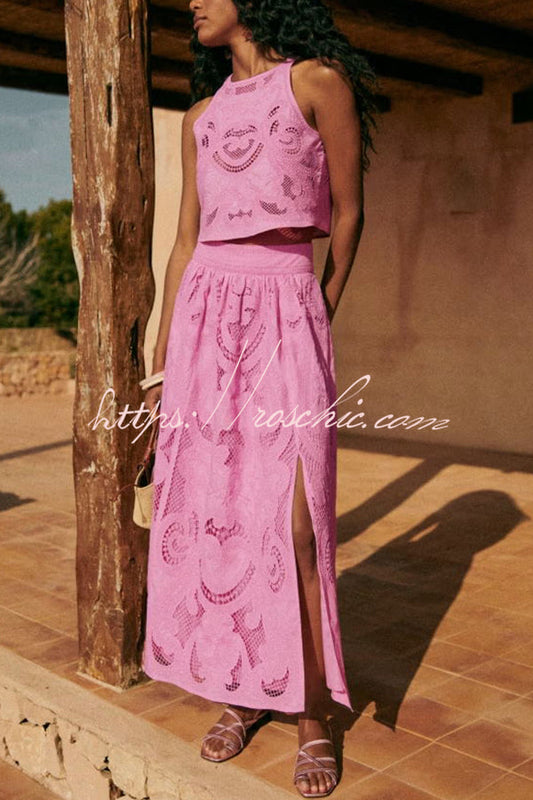 Look Cutout Embroidery Lace High Rise Slit Maxi Skirt