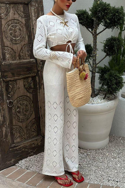 Color Hollow Short Long-sleeved Top and Stretch Wide-leg Pants Knitted Set