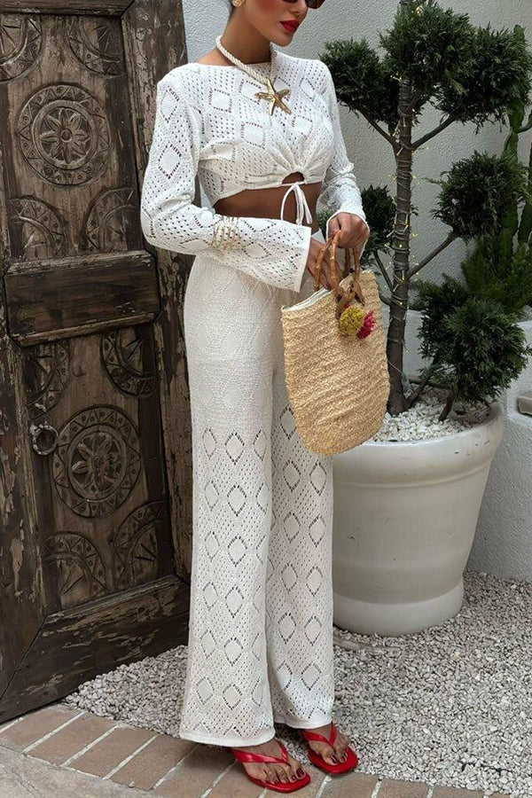 Color Hollow Short Long-sleeved Top and Stretch Wide-leg Pants Knitted Set