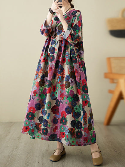 Long Sleeves Loose Flower Print Pockets Split-joint Round-neck Midi Dresses