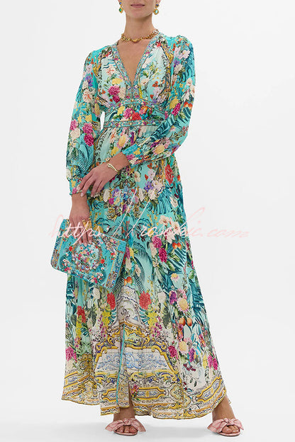 Fairy Tale Print V-neck Lantern Sleeve Waist Maxi Dress