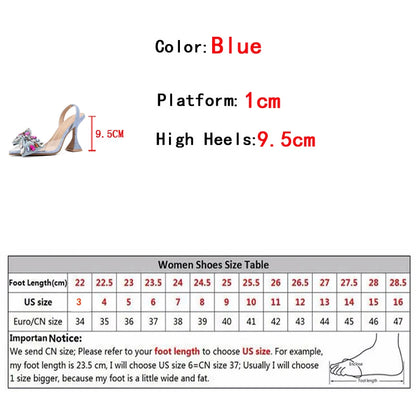 Design Gem Bowknot Pumps Pointed Toe Blue Denim High Heels Shoes Pvc Transparent Sandal