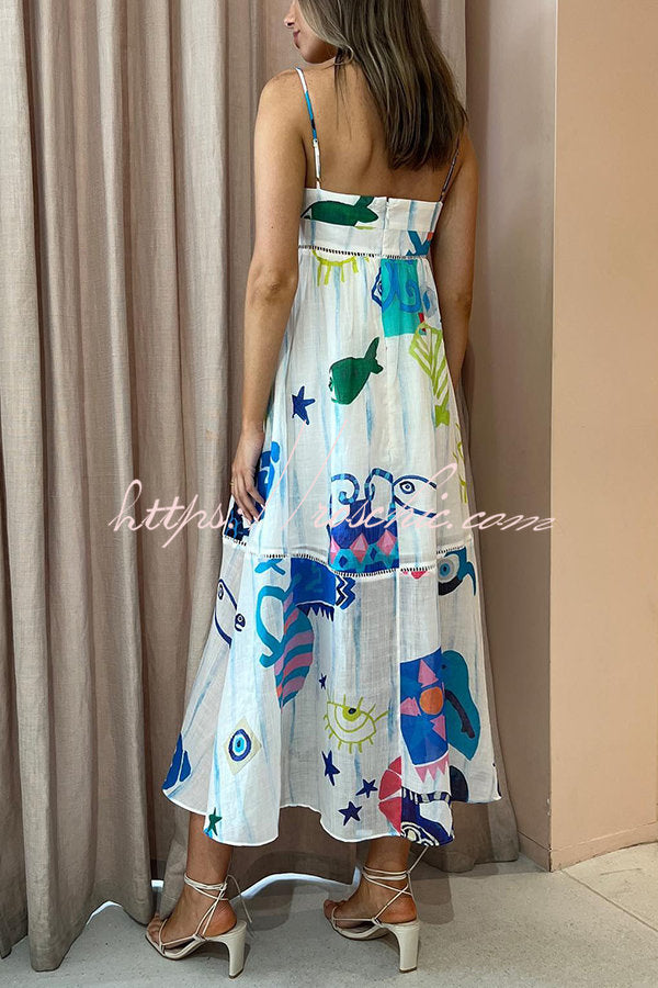 She's the Fun Linen Blend Playful Print Ladder Trim Midi Dress