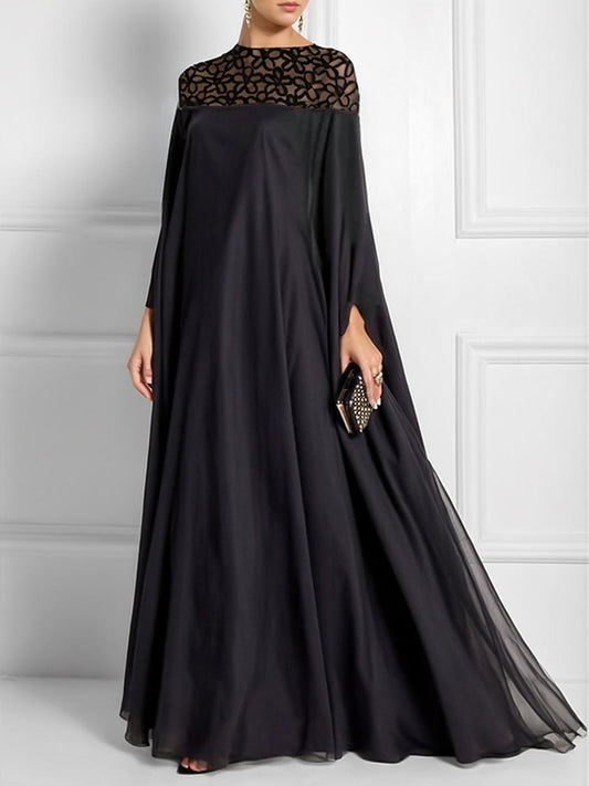 Batwing Sleeves Loose Jacquard See-through Color Split-joint Three-dimensional Flower Round-neck Maxi Dresses