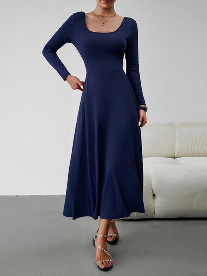 A-line High Waisted Color Tied Waist U-neck Midi Dresses