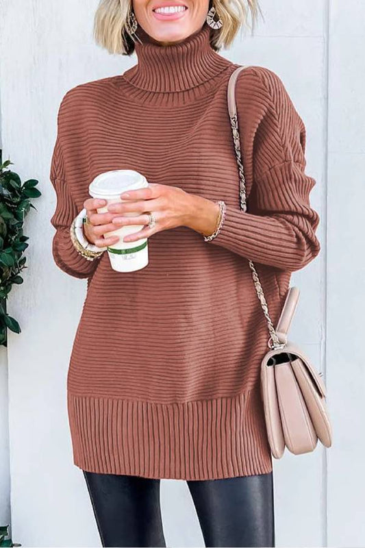 Mineral Red Turtleneck Ribbed Knit Tunic Sweater