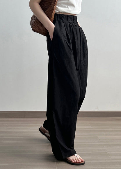 Black Pockets Cotton Wide Leg Pants Elastic Waist Wrinkled Fall Af1079