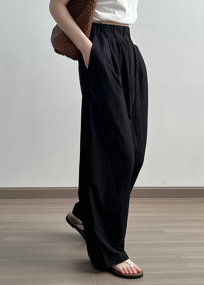 Black Pockets Cotton Wide Leg Pants Elastic Waist Wrinkled Fall Af1079