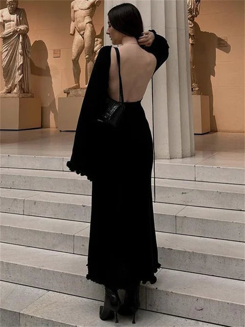 Ruffled Backless Knit Dress Female Lace-up High Waist Long Sleeve Maxi Dress Knitwear Bandage Dress