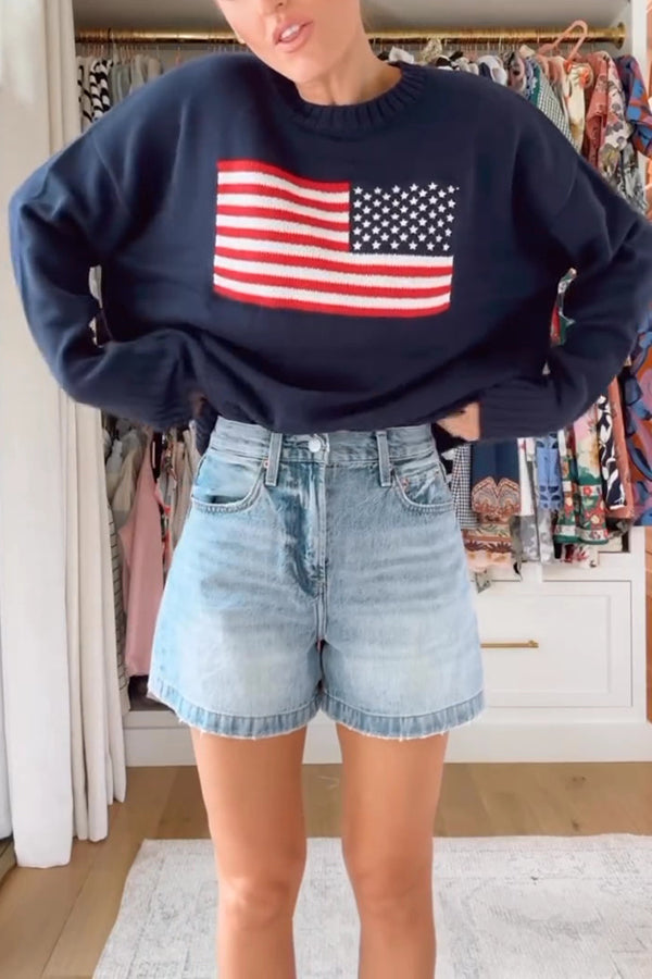 Flag Pattern Knitted Crewneck Long Sleeve Sweater