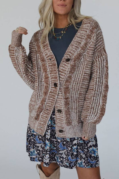 V-neck Long-sleeved Striped Button-down Knitted Cardigan