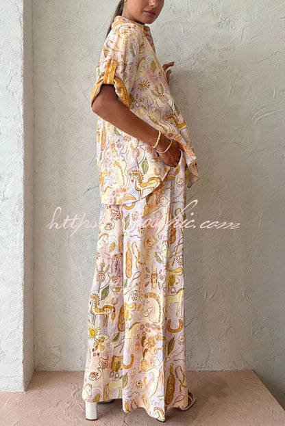 Knightly Linen Blend Mythological Pattern Elastic Waist Pocketed Wide Leg Pants