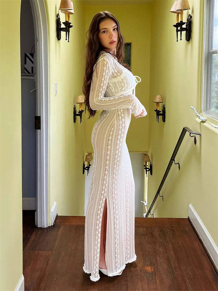 Female Hollow Out Maxi Dress V-neck Long Sleeve Split Party Dress Evening Tiered Summer Halter Dress
