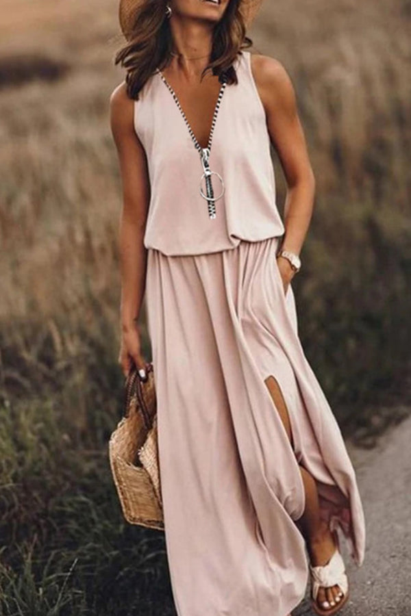Sleeveless Long Dress Waist Zipper Letter Dress