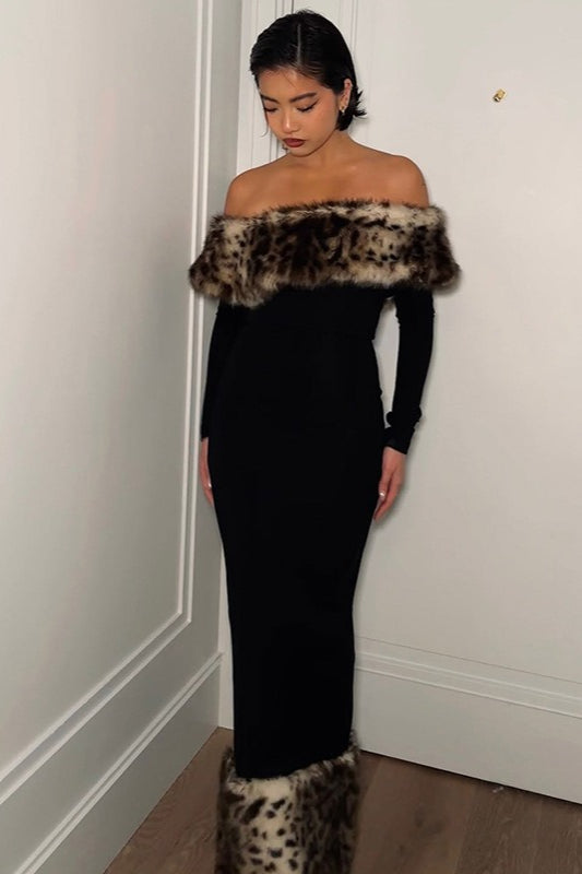 Off-shoulder Leopard Print Fur Trim Bodycon Maxi Dress
