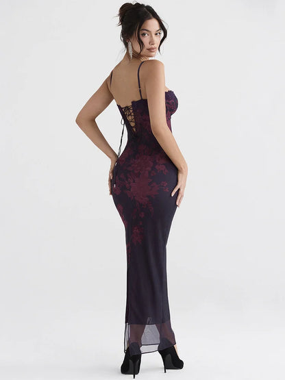 Purple Print Long Fishtail Dress for Robe New Spaghetti Strap Sleeveless Backless Ruched Maxi Dress Vestidos