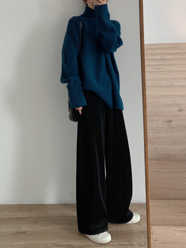 Red High Neck Split Hem Long Sleeve Sweater An1056