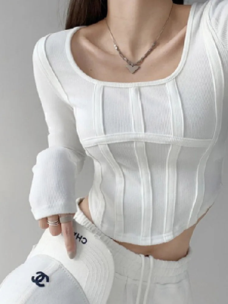 Y2k T-shirt Crop Tops Spring Long Sleeve O Neck Cotton Shirts Bustier Harajuku Pullover