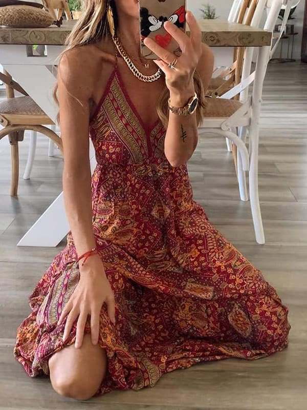 High Waist V-neck Print Maxi Dress