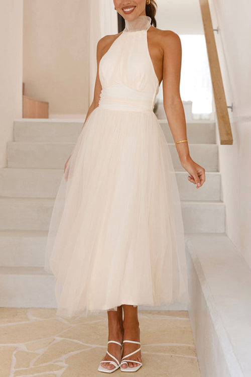Halter Open Back Waisted Tulle Midi Dress