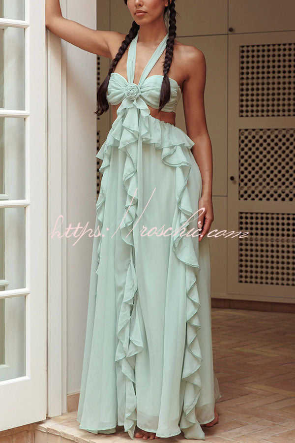 Vacation Halter Rose Detail Cut Out Ruffles Backless Maxi Dress
